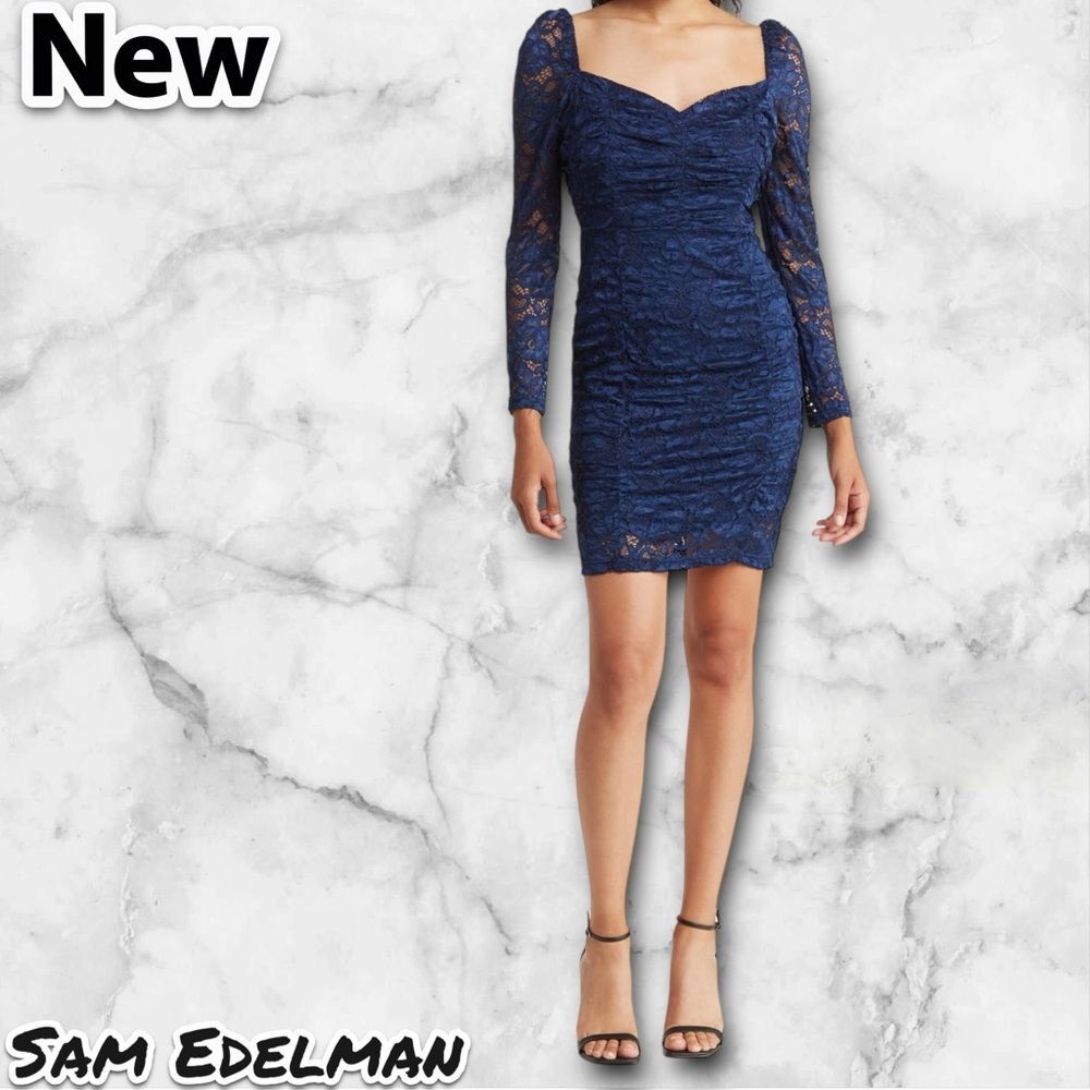 New NWT Women's Sam Edelman Ruched Long Sleeve Lace Mini dress Navy - 6sz